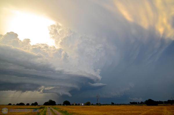 Amazing structure in colliding storms May 29, 2012, looking north toward Piedmont, Oklahoma, where a brief tornado was reported. Photo by Chris Kridler, SkyDiary.com, ChrisKridler.com