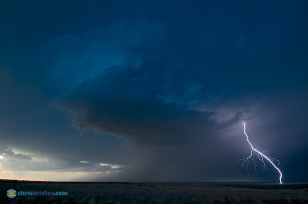 This pretty storm and its brothers produced prolific lightning at twilight south of Oakley, Kansas. Photo by Chris Kridler, ChrisKridler.com, SkyDiary.com 
