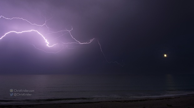 July 1, 2015, lightning storm over the ocean at Indialantic, Florida, with the full moon. Photo by Chris Kridler, ChrisKridler.com, SkyDiary.com