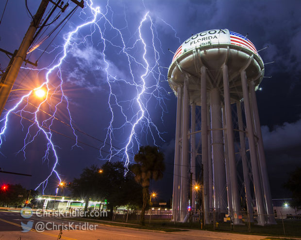 Lightning at the Cocoa, Florida, water tower on Sept. 28, 2016. Photo by Chris Kridler, ChrisKridler.com
