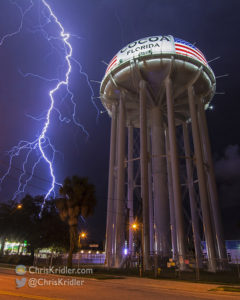 Another lightning bolt strikes near the Cocoa, Florida, water tower on Sept. 28, 2016. Photo by Chris Kridler, ChrisKridler.com