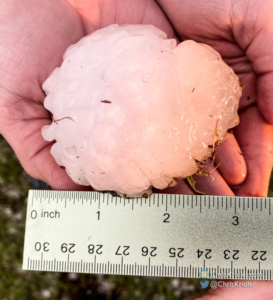 The biggest hail we saw was about three inches across.