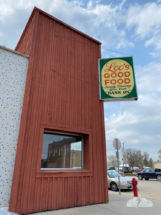 The restaurant is in an old bank building, hence the pun on the sign.