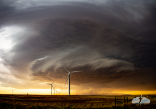 Wind turbines with the supercell near Vega, Texas.