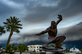 Another angle of the Kelly Slater statue surfing the storm in Cocoa Beach. 