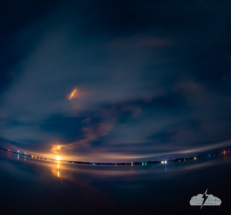 SpaceX launch over the calm Indian River Lagoon on August 27, 2022 - fisheye version.