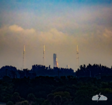 A very distant view of the Artemis moon rocket on the launch pad, shot from Cocoa, Florida.