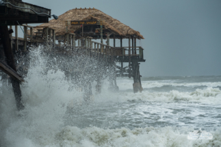 Spray from crashing waves.