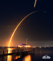 A Falcon 9 rocket launches and its booster returns to Cape Canaveral in this stacked shot taken over the Indian River Lagoon on December 11, 2022. Photo © Chris Kridler, ChrisKridler.com