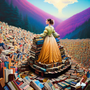 Is it the bookpocalypse? Books go into AI. Books come out. Image generated by Chris Kridler using Wombo Dream AI app.
