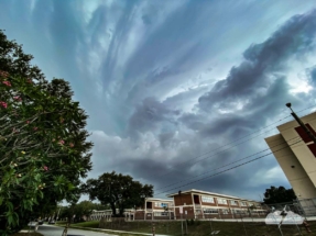 A severe storm approached Rockledge April 29 - this not-great phone photo, enhanced for clarity, shows striations in the murky storm.