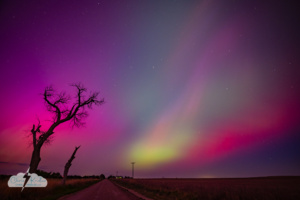 Fantastic colors manifest in the Northern Lights. This is the view looking east.