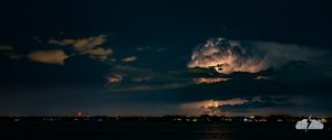 A wide shot of the lightning storm over the Atlantic Ocean near the Florida coast