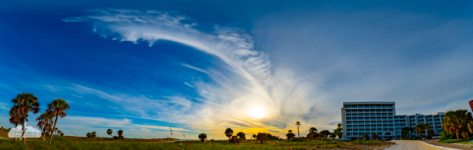 Stitching of this multishot panorama stretches it out a bit, but there&#039;s a circumzenithal arc here, a supralateral arc below it (or is it a 46 degree halo?). It&#039;s above the smaller 22 degree sun halo, which also sports sun dogs on the left and right of the circle.