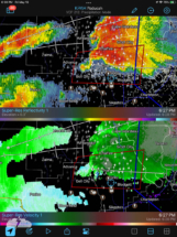 The blue circle shows our position; the tornado was north of us.
