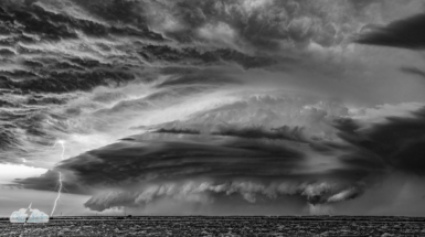 A dramatic black-and-white edit of the lightning storm.
