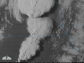 Satellite image of the growing line of storms at 6:06 p.m. CDT.