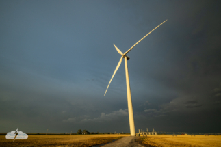 A wind turbine at golden hour west of Fairmont, Nebraska.