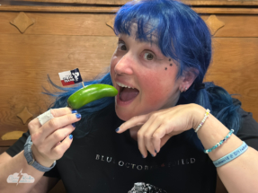 A pepper came with our steaks. Alethea doesn't mind the jalapeno's bite. A pepper came with our steaks. Alethea doesn't mind the jalapeno's bite.