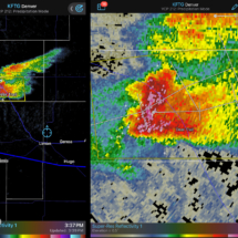 A wide and closer view of the radar. The blue circle notes our position as we watched the storm.