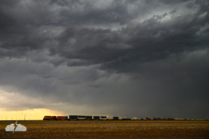 A classic sight: A train on the Plains under storms near Littlefield, Texas.