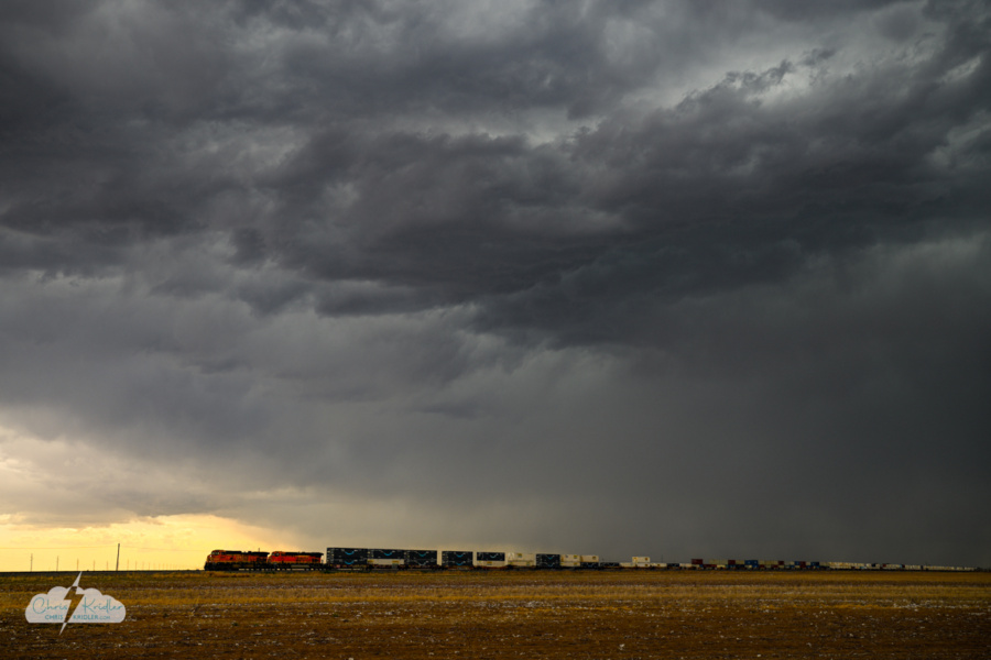 A classic sight: A train on the Plains under storms near Littlefield, Texas.