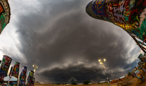 The warped perspective of this multi-image panorama captures the drama of the storm.