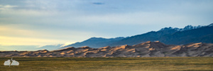 A panoramic crop brings out the detail of the dreamy dunes at sunset. Wind blows sand off the crests.