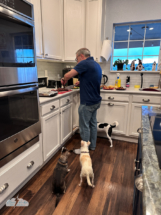 The dogs were very helpful as Jason prepared the steak.