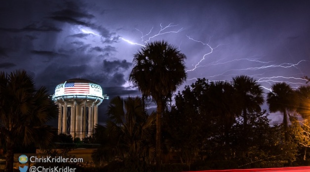 28 September 2016: Dazzling lightning at Cocoa, Florida, water tower