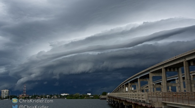 9 July 2014: Striated shelf cloud over the Indian River Lagoon, Cocoa, Florida