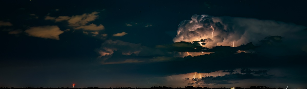 A wide shot of the lightning storm over the Atlantic Ocean near the Florida coast