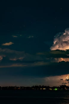 A wide shot of the lightning storm over the Atlantic Ocean near the Florida coast