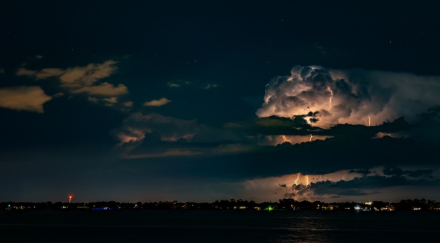 A wide shot of the lightning storm over the Atlantic Ocean near the Florida coast