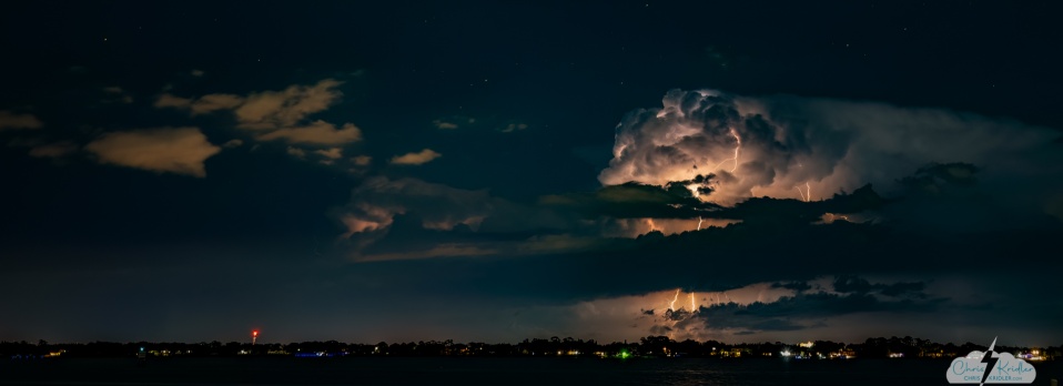 A wide shot of the lightning storm over the Atlantic Ocean near the Florida coast