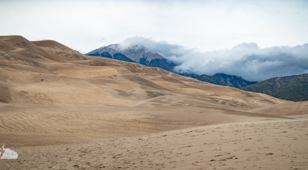 A panorama of the dunes and the cloud-capped mountains beyond.